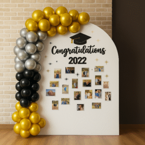 Celebration Backdrop with Photographs and Elements with Balloons Decor by Party Interest | Delhi Party Planner